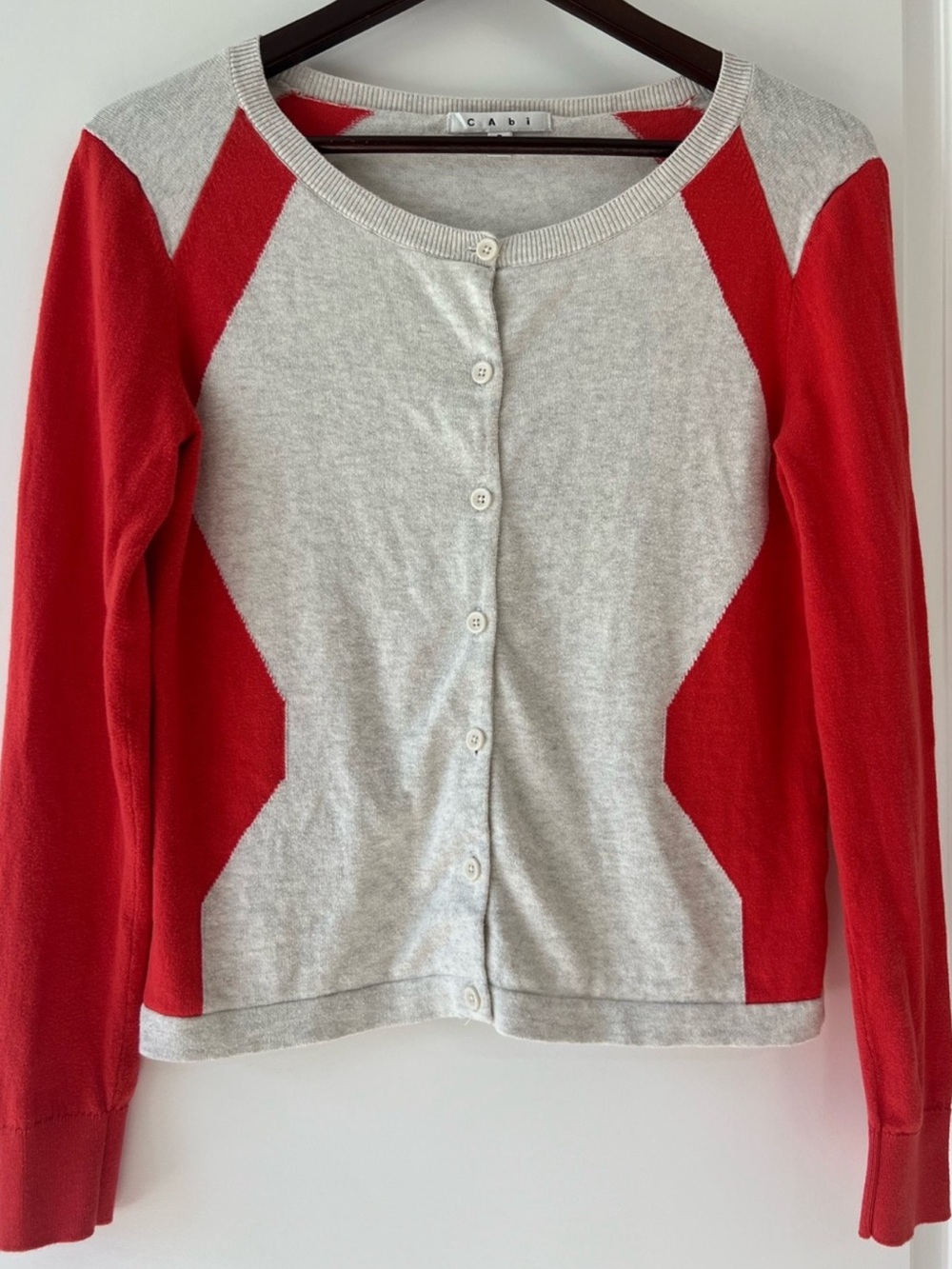 CAbi 192 Hourglass Cardigan 100% Cotton Colorblock Sweater Small S Gray Red Fit